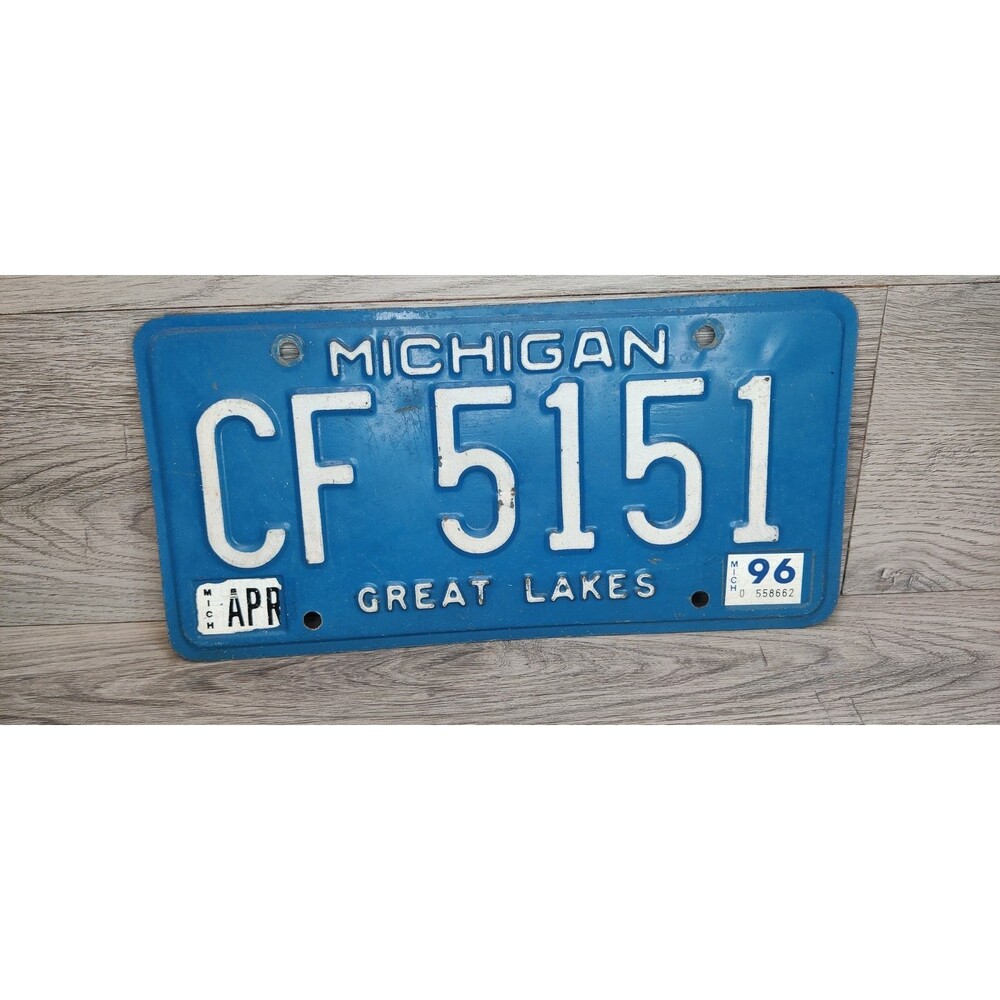 VTG Michigan License Plate CF 5151 Blue Great Lakes Collectible Man Cave 1996